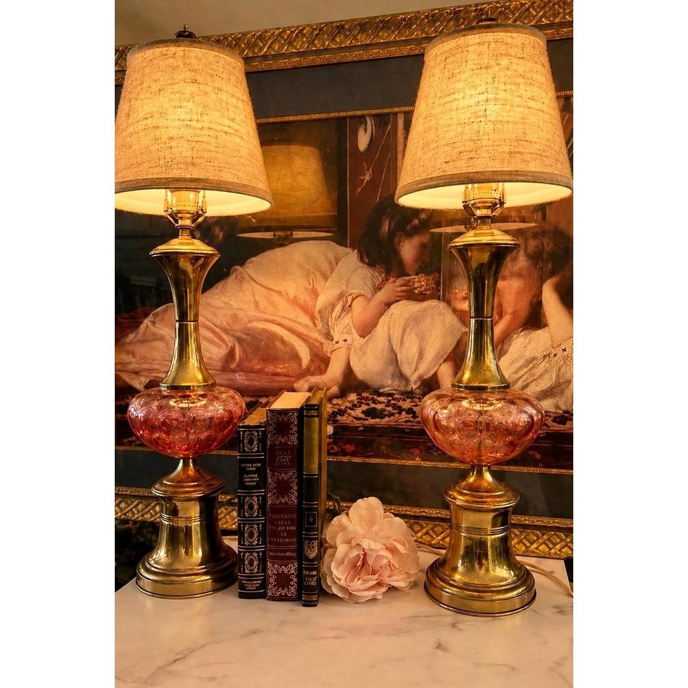(One Left)Vintage Pink Glass Brass Lamp  Romantic French  Lighting,